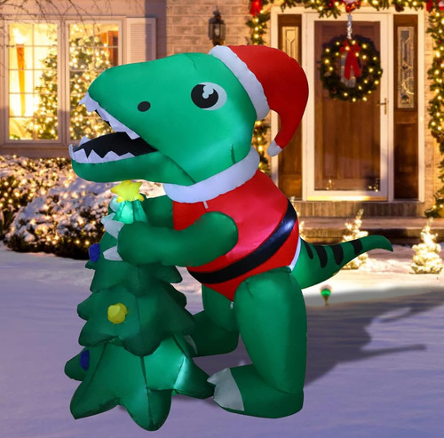 Inflable Decorativo Navideño Diseño De Dinosaurio Con Pino