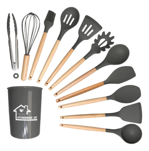 Set 12 Piezas Utensilios De Silicona Con Mango De Madera