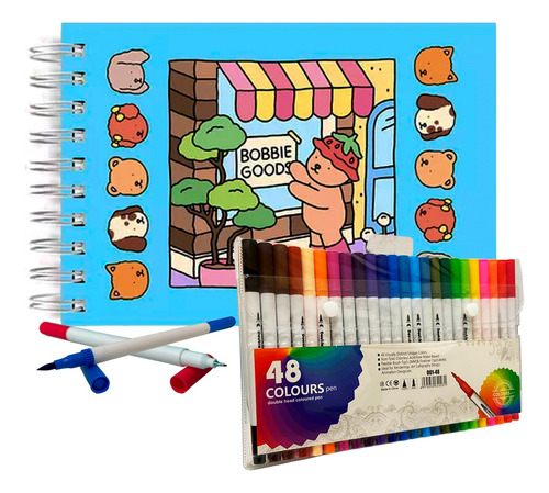 Livro De Colorir Bobbie Goods Capa Dura 50 Páginas De Desenhos Azul Menino 50 Desenhos + Estojo 48 Canetinhas Ponta Dupla