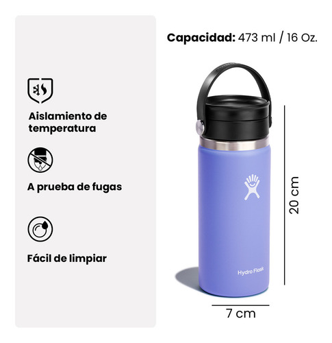 Botella Termica Hydro Flask 473ml/16oz Termo Wide Mouth Tapa Flex Sip Lid Café Bebidas Frío/Caliente Portátil