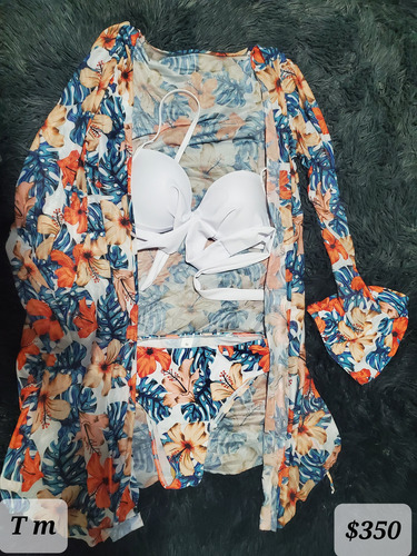 Traje De Baño Juego De Bikini Con Abrigo 3 Piezas,floral Blanco M