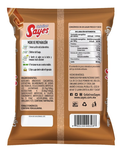 Imagen 4 de 4 de Gelatina Sayes De Leche Sabor Cajeta 25 Piezas 120gr