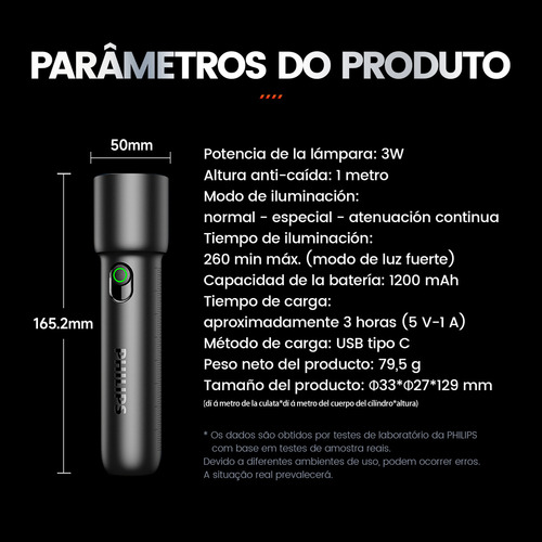 Philips Linterna Tactica Linternas Potentes Led Recargable Impermeable 110lm 3w Negro Sfl-1235
