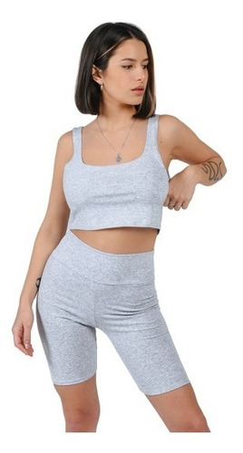 Conjunto Set Biker Moda Tendencia Mujer Gris Top Calza