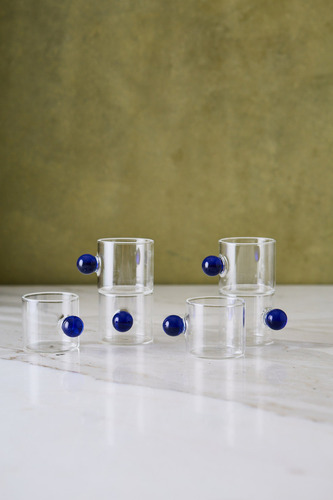 Pack 6 Tazas de Vidrio Binah Deco Little Ball Transparente Manija Bolita Azul 5.5x5cm 80ml