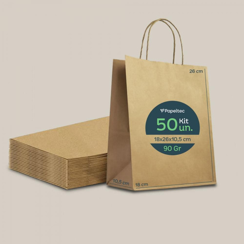 Sacola De Papel Kraft Delivery Com Alça 18x26x10,5cm - 50un
