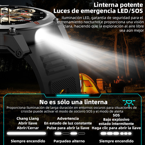 Reloj Inteligente Para Deportes Al Aire Libre De 1,52" Con Linterna, Capaz De Medir Frecuencia Cardíaca, Presión Arterial, Oxígeno En Sangre, Sueño, Clima Y Recibir Información De Redes Sociales, Neg