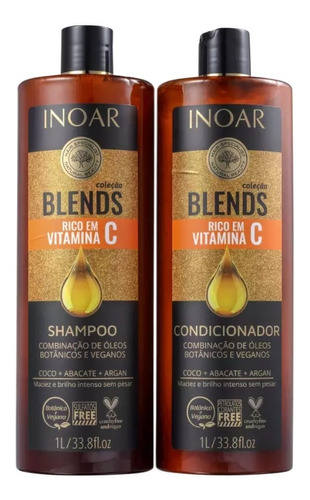 Kit Shampoo + Condicionador Coleção Blends Duo Inoar 1 Litro Vitamina C Hidratação Nutrição Maciez Brilho Maleabilidade