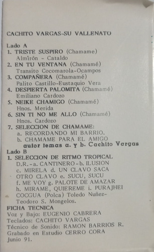 Cachito Vargas Su Vallenato Cassette Arg (1991) Cerro Cora Estándar (Usado)