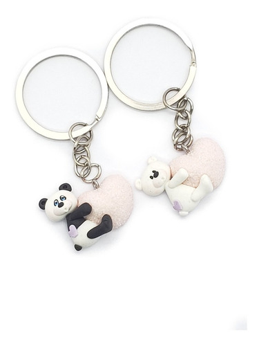 Llavero De Oso Blanco Y Panda De Pasta Y Acero+estuche N24 Color Plateado
