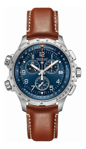 Reloj Hamilton Aviation X-wind Gmt Chrono Quartz H77922541 Malla Marrón Bisel Plateado Fondo Azul