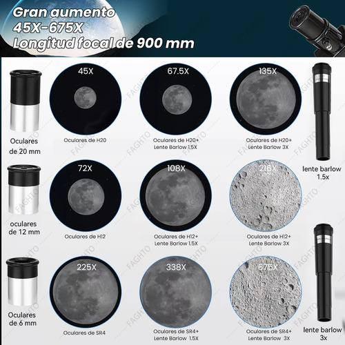 FAGHTO Telescopio Astronómico 45x-675x Profesional Refractor 900mm Con 125cm Trípode Ajustable Y 12 Accesorios Para Niños Adultos Y Principiantes