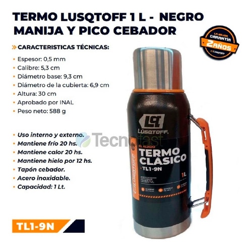 Termo Acero Inox 1 Litro Lusqtoff Negro Frio Calor Manija