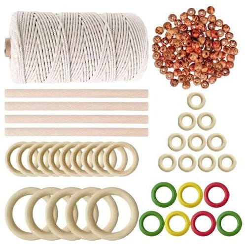 Imagen 2 de 3 de Kit Macramé 140 Accesorios Madera, 100 M Cordon Algodon 3 Mm