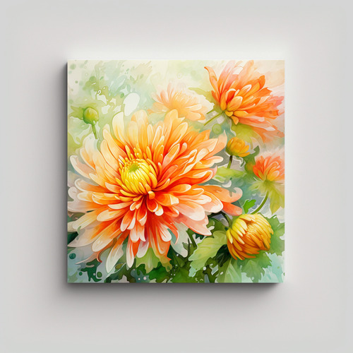 60x60cm Cuadro Abstracto Con Crisantemos Verde Y Naranja