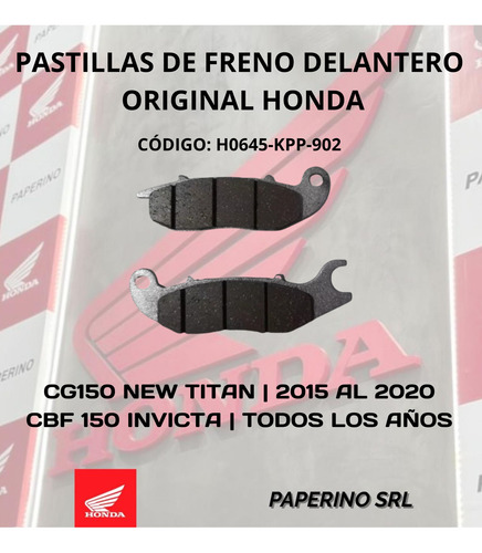 Pastillas De Freno New Cg 150 Invicta Honda Original Paperin