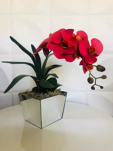 Arranjo De Orquídeas Em Silicone Com Vaso Espelhado