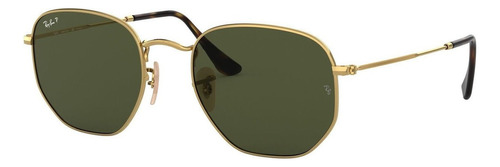 Óculos de sol polarizados Ray-Ban Round Hexagonal Flat Lenses Médio armação de aço cor polished gold, lente green de cristal clássica, haste polished gold de aço - RB3548N