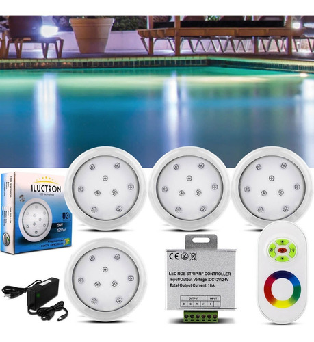 4 Luminárias De Piscina Rgb 9w + Fonte Bivolt + Controle Rgb