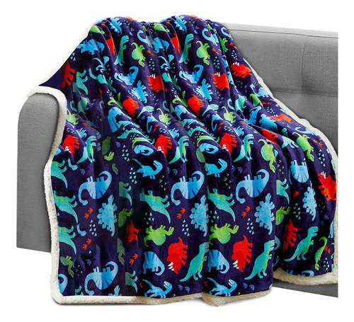 Manta Reversible Sherpa Azul Dinosaurio 127 X 152 Cm Ultrasu