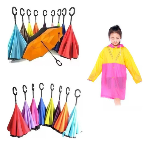 X3 Paraguas Reversible Y 3 Impermeables Infantil Lluvia Sol