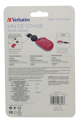 Mouse Optico Verbatim Con Cable Rectractil Color Negro