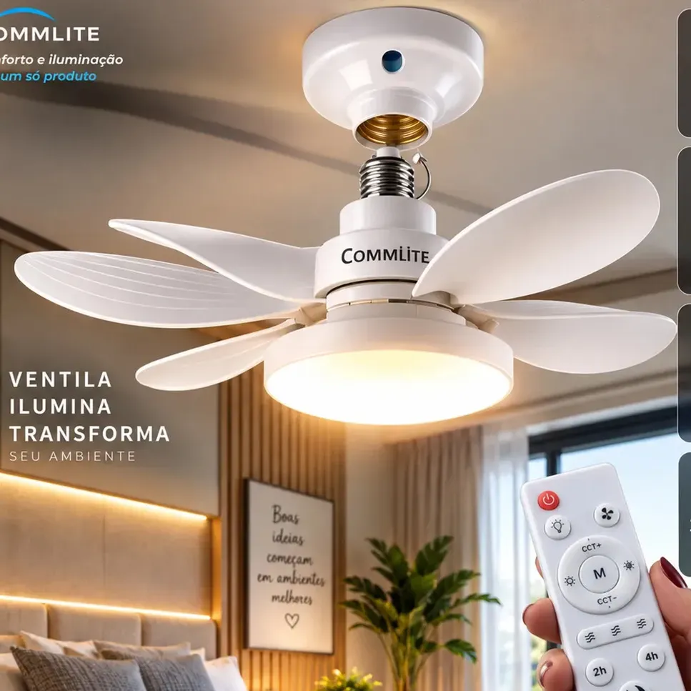 Ventilador de Teto 60W Silencioso Lâmpada Forte com LED, Controle e 6 Pás Soquete E27 Para Residencial Comercial Interno Externo Quarto Sala