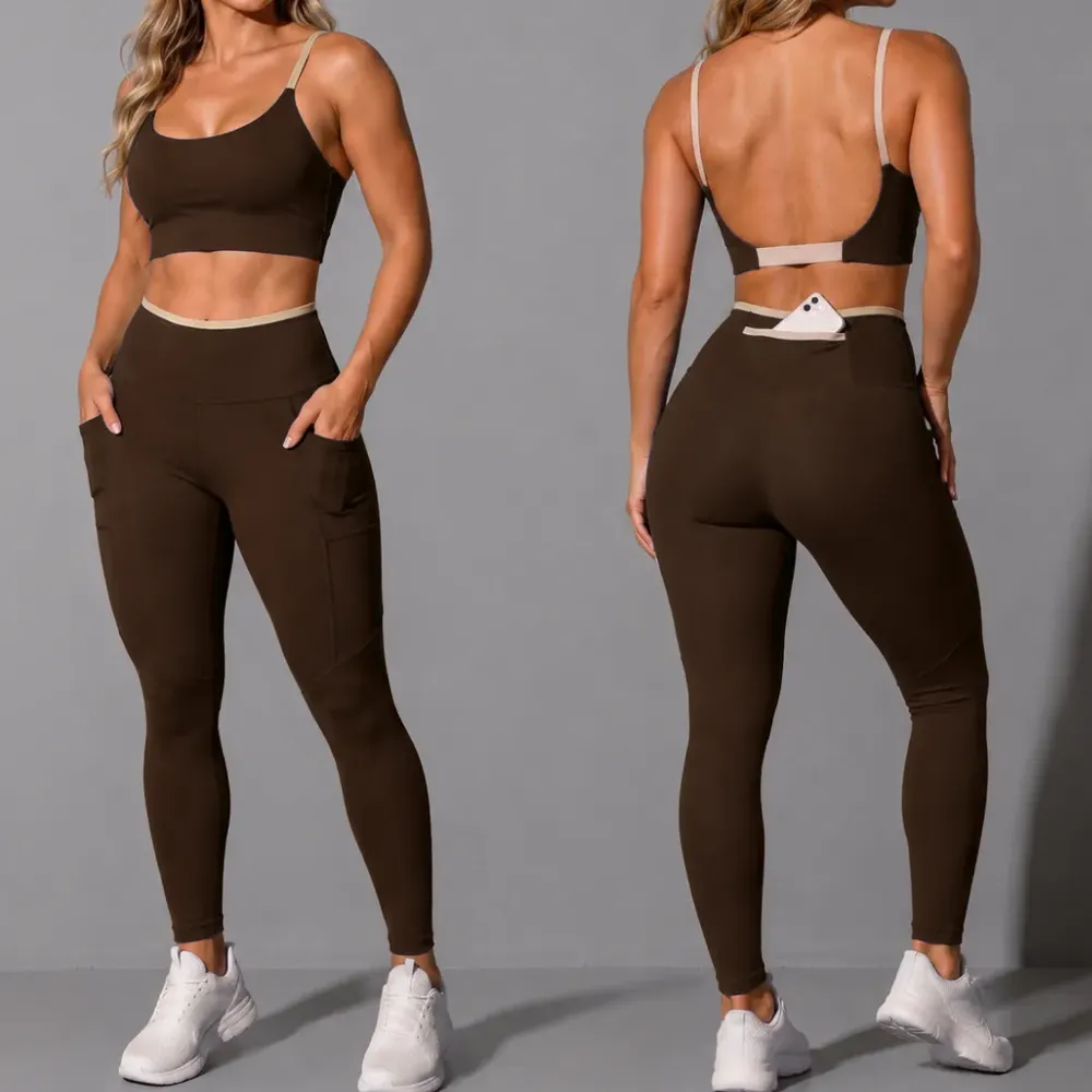 Conjunto Academia Top Calça Legging Fitness Roupa Kit Bolso Marrom/areia Liso G 40/42
