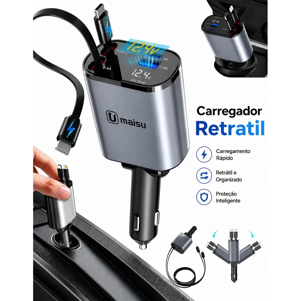 Carregador Veicular Automotivo Retrátil Turbo 4 Em 1 Usb Tipo-c 120w Para Carros Caminhão Plug Acendedor Carga Rápida Com Display 12v
