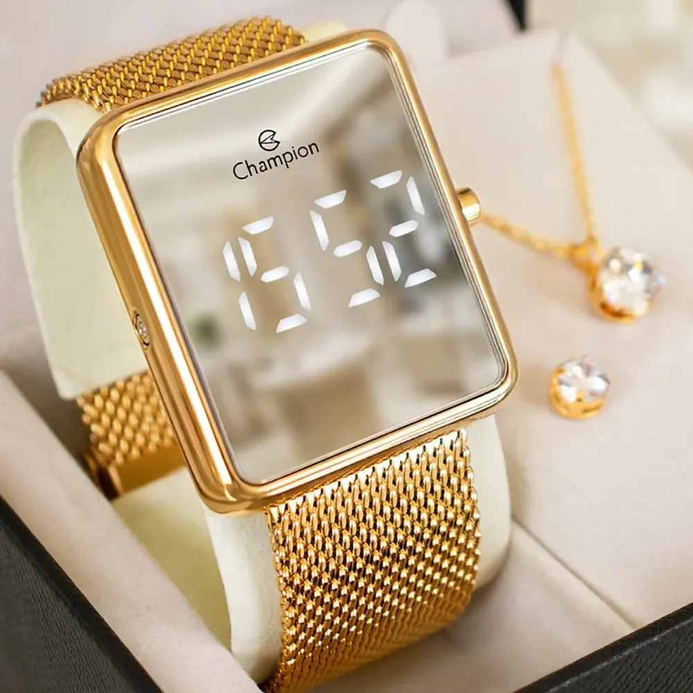 Relógio Feminino Champion Dourado Espelhado Kit Colar Brinco Dourado Espelhado