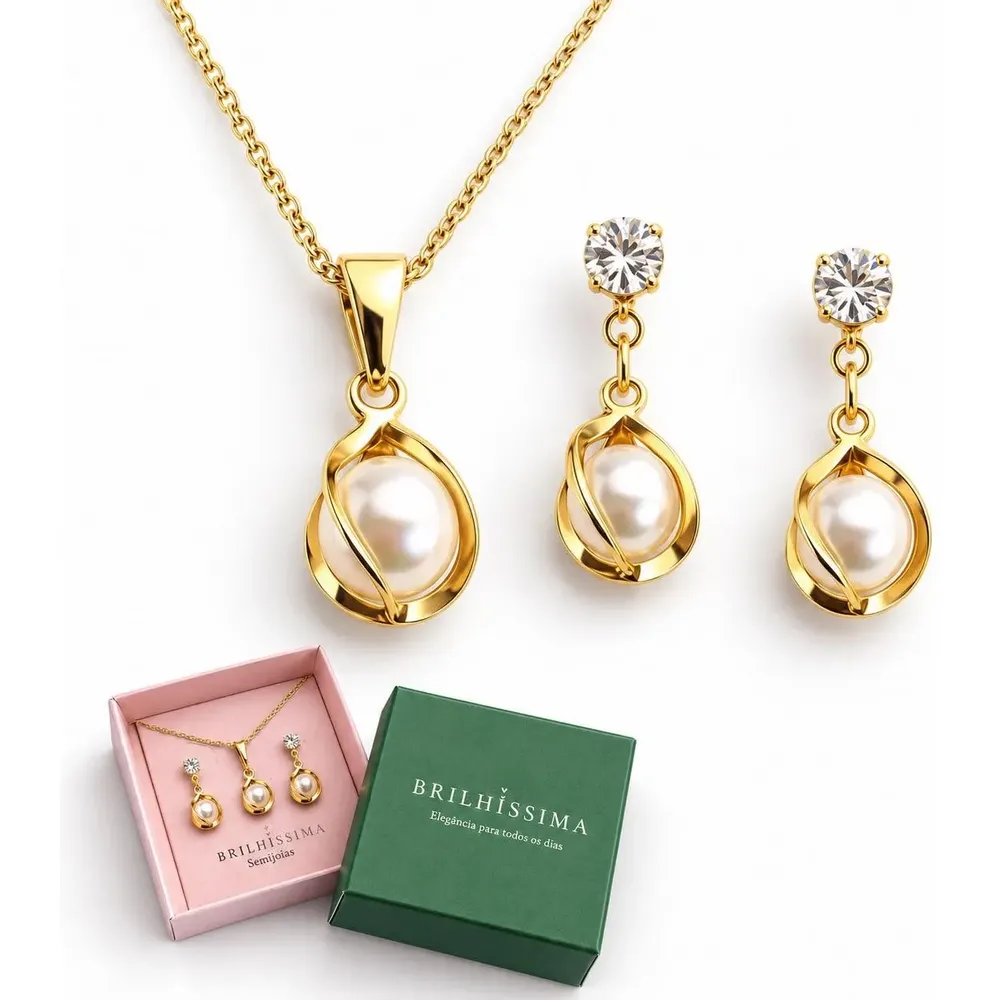 Conjunto Colar E Brinco Pérola Banhado Ouro Presente Dourado