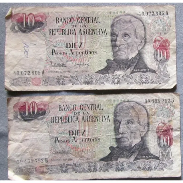 2 Billetes Argentina Antiguos 10 Pesos