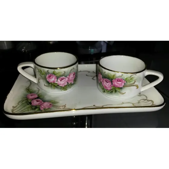 Juego De Tazas Tu Y Yo Con Bandeja Pintada A Mano Con Oro 