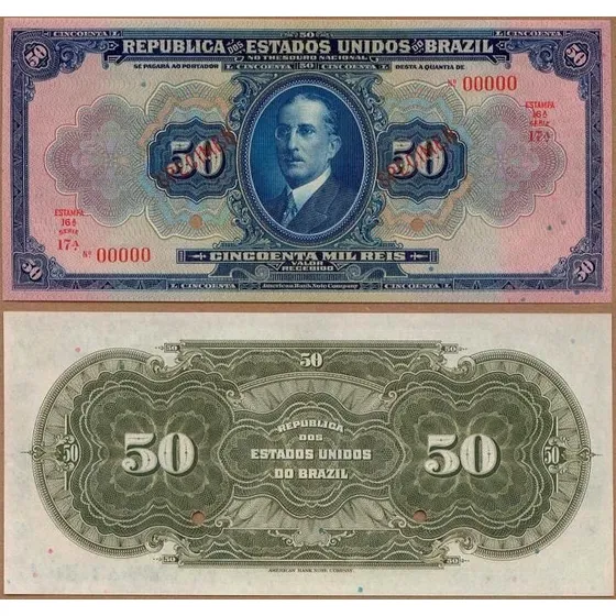 Rc0595 R129s 50 Mil Réis Specimen 1924 Fe