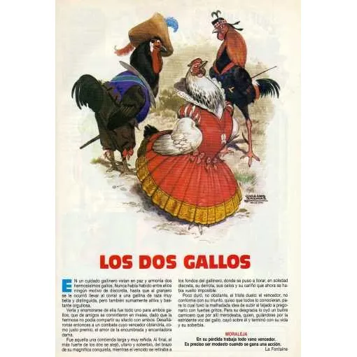 Lámina 45 X 30 Cm. - Fábula - Los Dos Gallos - La Fontaine