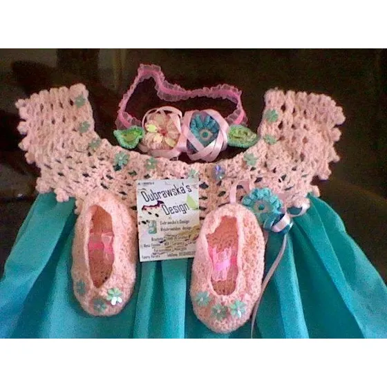 Conjunto Vestido Tejido, Escarpines, Cintillo Niñas Crochet