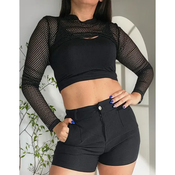 Crop Top Remera Red Mujer Corta Mangas Largas Calada Moda