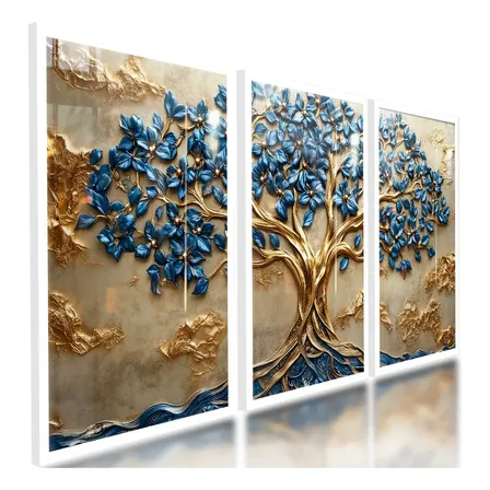 Quadros De Árvore Da Vida 3d Azul Ouro Velho Clássica 122x60