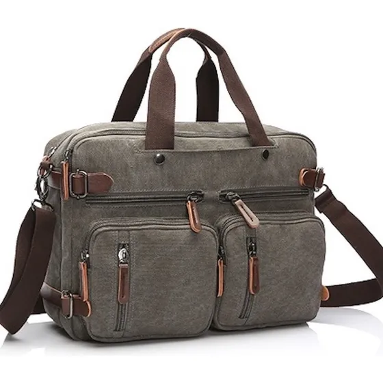 Bolsa Transversal Tiracolo Masculina Para Notebook 15.6 De Lona E Couro Resistente Com Alça De Ombro Carteiro Mensageiro Cor Cinza Claro Desenho Do Tecido Liso