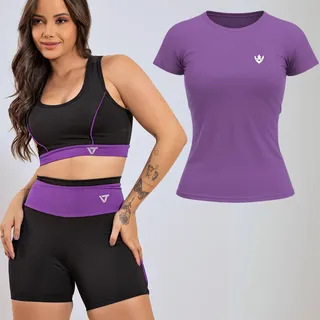 Kit Conjunto Fitness Feminino + Camiseta Roupa Academia Roxo Liso Gg