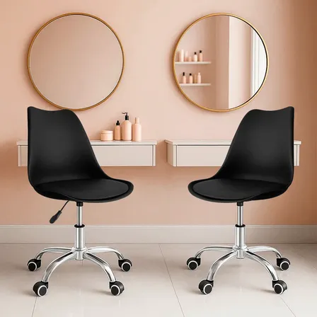 Silla Oficina Salon Estetica Escritorio Tulip Sala Junta 2pz Negro Acolchonado Tapizado Vinipiel