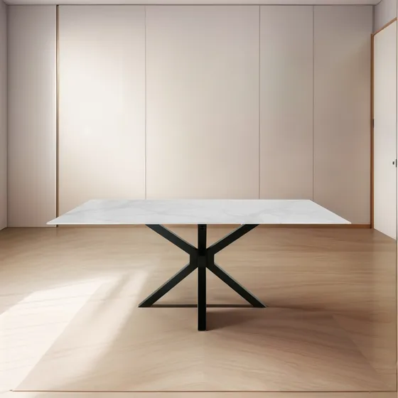 Mesa Grande 1m80 Tapa Piedra Simil Marmol Base Acero Moderna