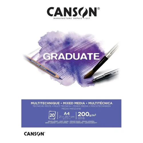 Bloque multitécnico Canson Graduate A4, 200 g, 20 hojas, color blanco
