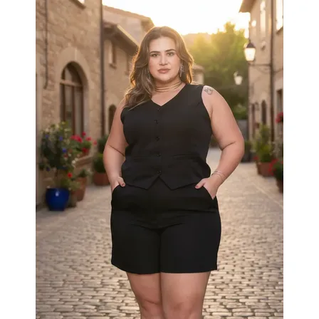 Conjunto Short Colete Feminino Plus Size Alfaiataria Grande