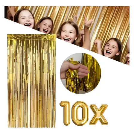 Kit 10 Cortinas Metalizada Lisa Franja 2x1m Festa Fitas Dourado