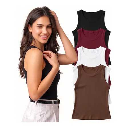 Kit 4 Blusa Regata Canelada Feminina Nadador Moda Básica Preto/marrom/vinho/branco Liso G