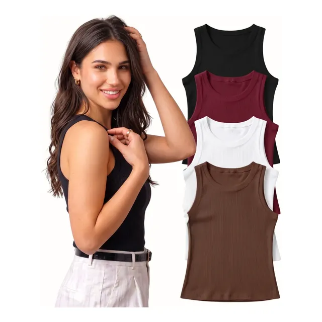 Kit 4 Blusa Regata Canelada Feminina Nadador Moda Básica Preto/marrom/vinho/branco Liso G