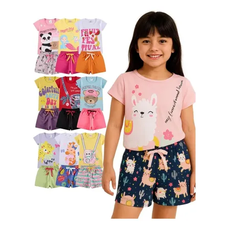 Kit Infantil 4 Peças Menina Conjunto Verão 2 Shorts+2 Blusas Kit 2 Conjuntos Sortidos Tamanho 10 - Veste 9/8 Anos