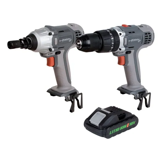 Kit Taladro Percutor + Llave De Impacto 18v (1bat) Gladiator Color Gris Oscuro