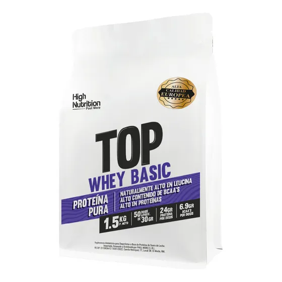 High Nutrition Top Whey Basic 1.5 Kg (3.3 Lbs) - Suplemento 80% Proteína - 6.9 Bcaa's/dosis - Sin Sabor